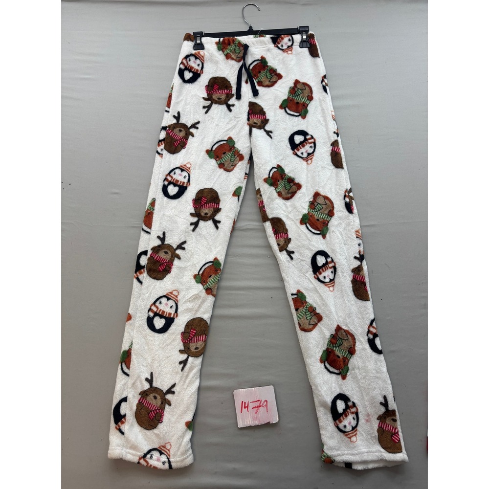Christmas Holiday Fleece Pajama Pants Reindeer Penguin Bear White Large